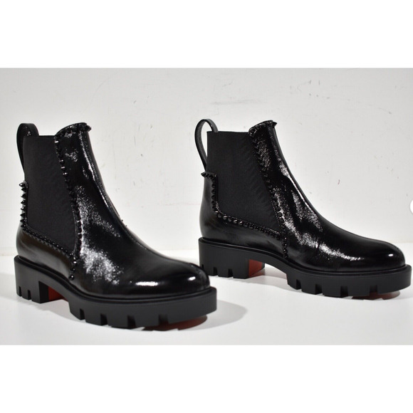 Christian Louboutin Out Lina Spike Lug Flat Black Patent Chelsea Ankle Boot 38.5 - Picture 4 of 12